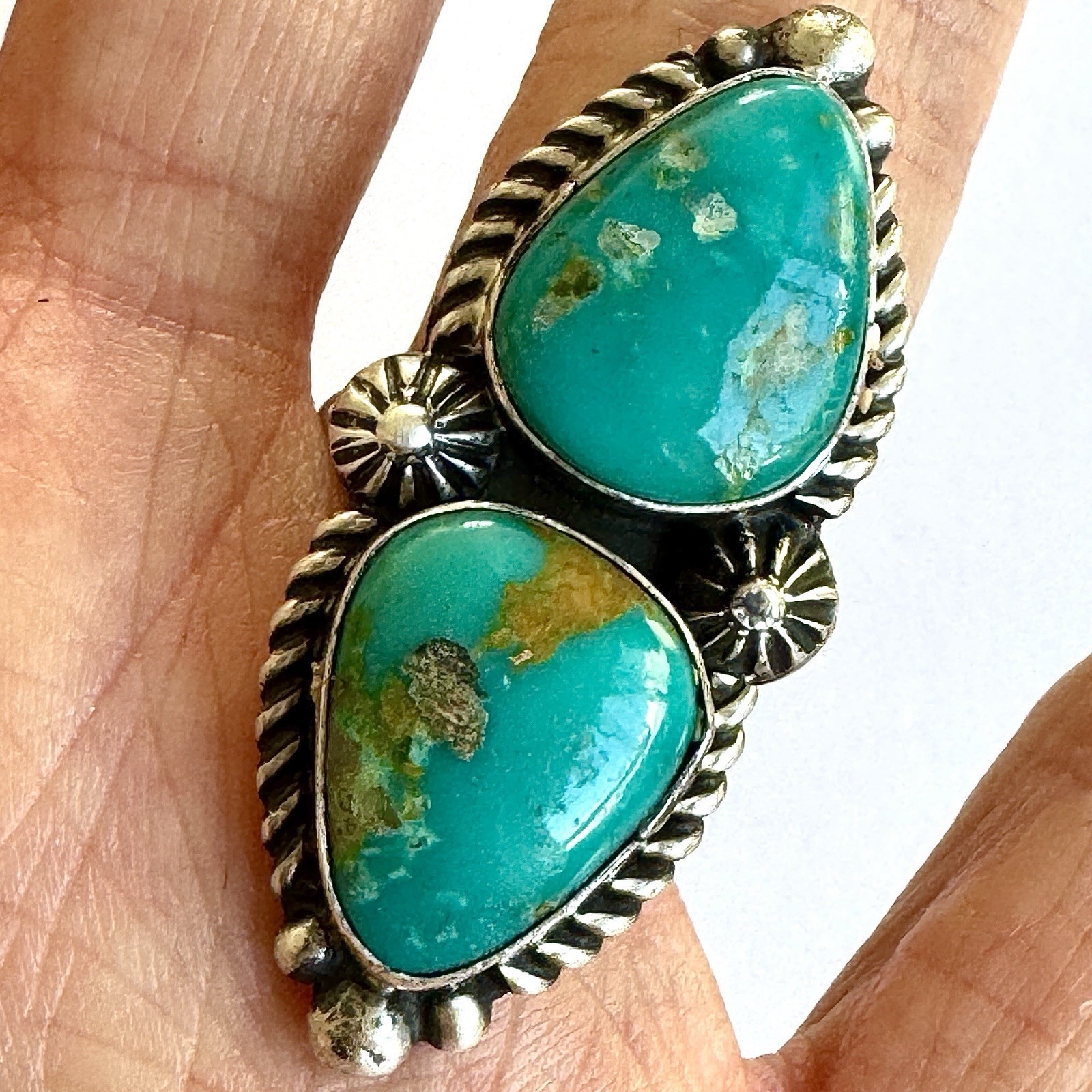 Navajo Turquoise Ring Two Stone Size 8 Signed Shakey Long Sterling Native Amer
